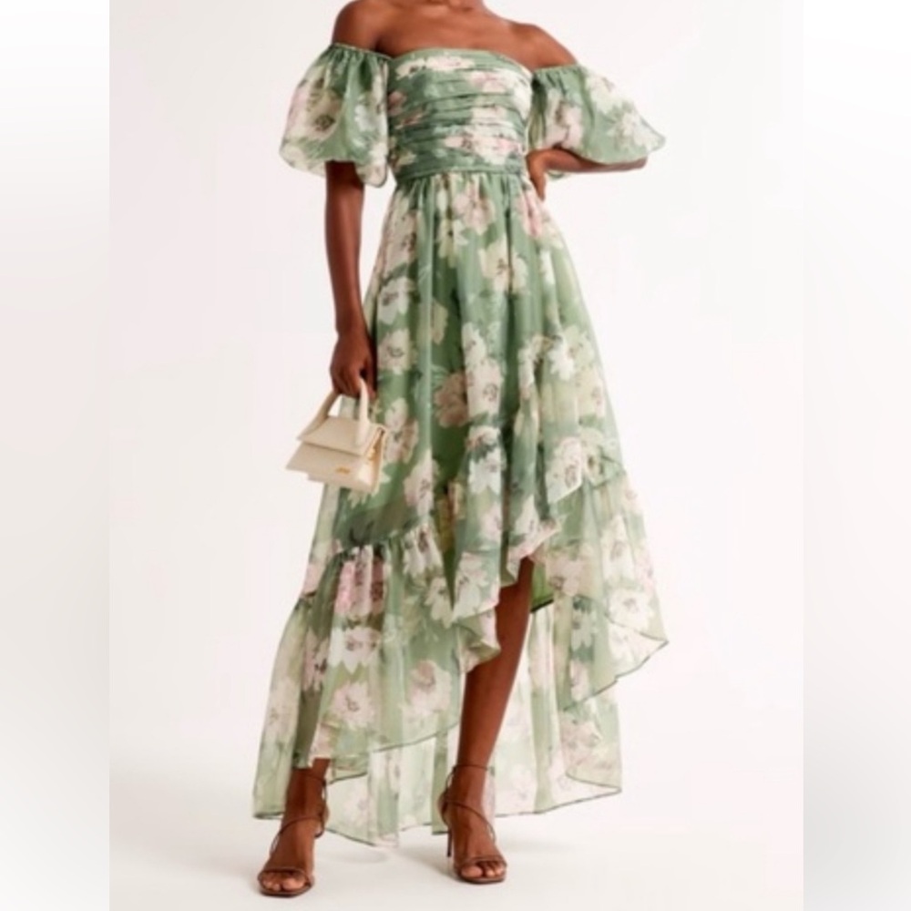 Abercrombie Floral High-Low Chiffon Maxi Dress - Green